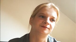 Blond with large titties rubs herself on her juicy cleft