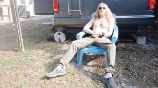 Post-holiday jerking off, butt play and shooting cum onto the lawn