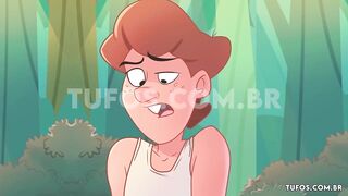 Pornographic toon: Peeing and screwing behind the bush!