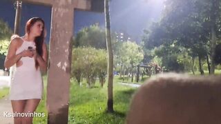 Risky masturbation with a pretty redhead at the bus stop!