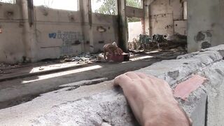 2 Concupiscent Euro Lesbian babes Get Butt Fucjed By 2 Chaps In Abandoned Building