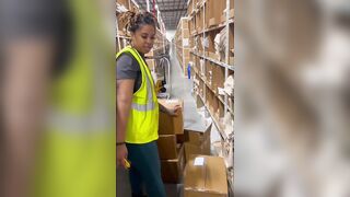 Flirty warehouse worker sucks her co-workers dong after work
