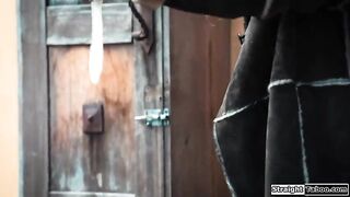 Female hobo got preggy from used cock rubber and confronts stud