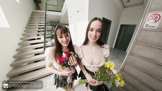 VR Bangers: Teen Stepsisters Give Double Oral-sex & Ride Soldier's Massive Wang In Hawt Three-some HD Porn