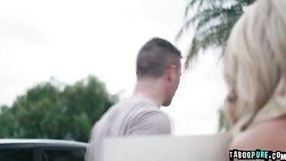 A slender, golden-haired, tiny-titted teen hotty Emma Rosie is punished for losing her virginity by being send outside, undressed!