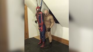 silicone muscle guy cums on spiderman's wang