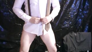 putting on the costume in a morbid way, feeling its touch