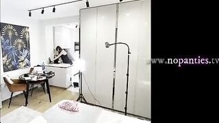 Hawt hot lengthy legs brunette hair wife in ebony and red fishnet nylons with a satin nightie teases in the kitchen