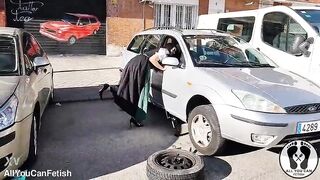 DIRNDL WHORE GETS IMMODEST AND OILY CHANGING TIRES
