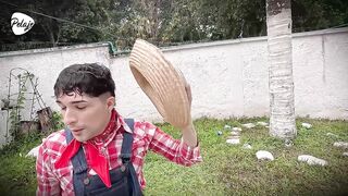 Grandma has bad intentions and convinces gardener to let her bang him in the butt with the thong-on