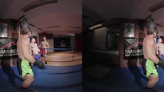 Three-some in the gym with muscled top Dato Foland in VR