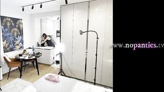 Sexy hot lengthy legs brunette hair wife in ebony and red fishnet nylons with a satin nightie teases in the kitchen